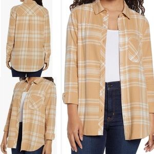 NWT GAP Tan Jolie Plaid Relaxed Fit Flannel Fall Long Sleeve Button Up Shirt - L